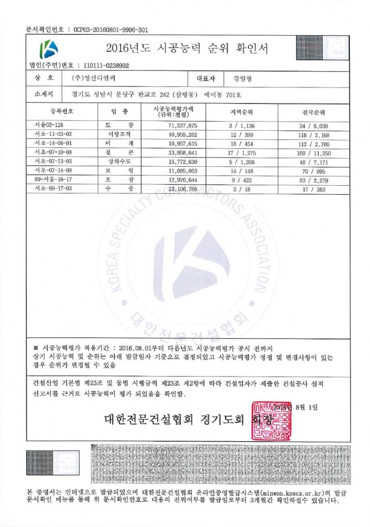  [시공능력] 2016년 시공능력 순위 확인서